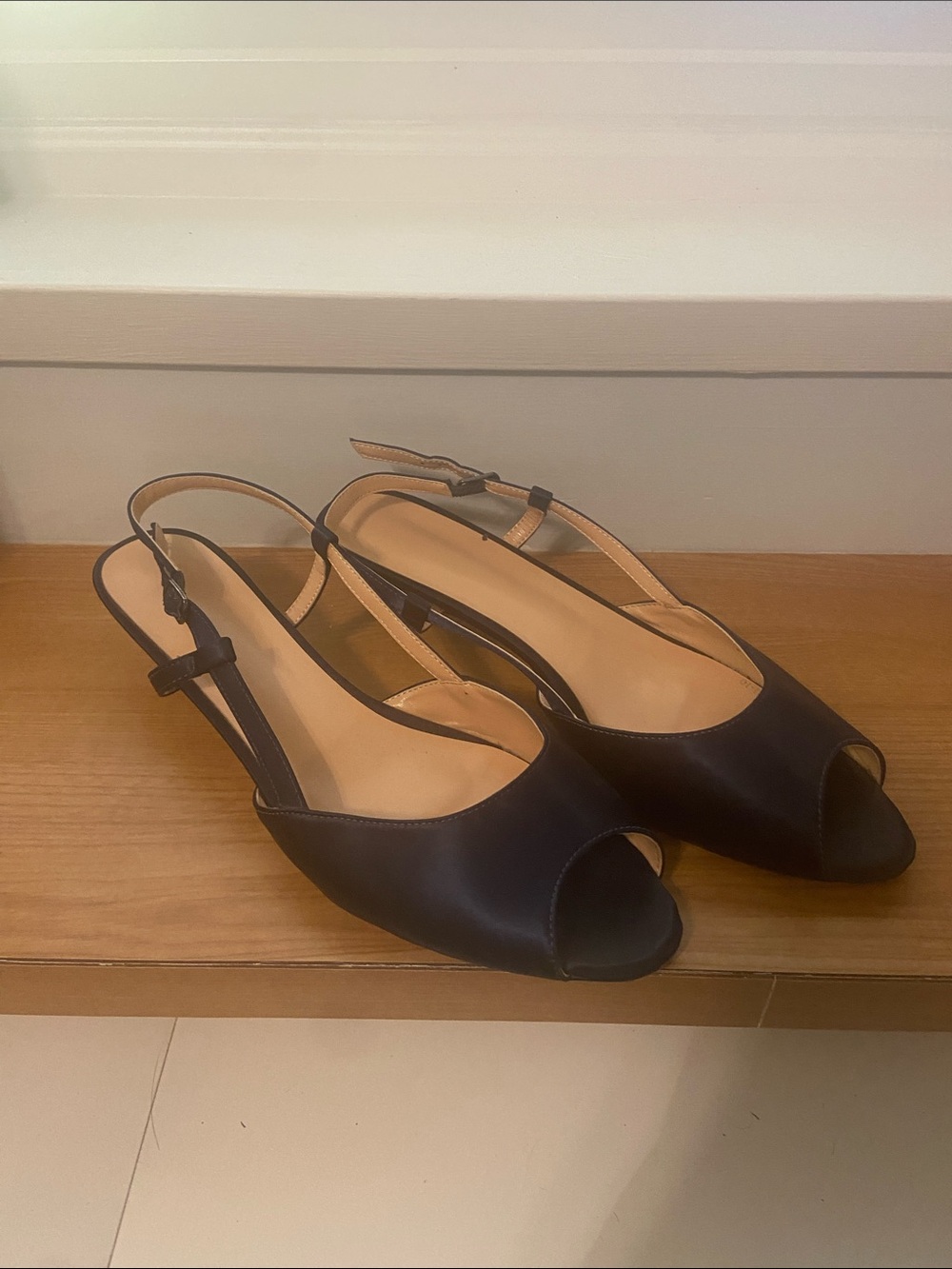 Navy Peep-Toe Slingback Kitten Heels - Women